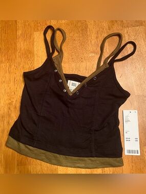 URBAN OUTFITTERS - BDG - Black Tank with Olive Trim Ribbed V-Neck Cami